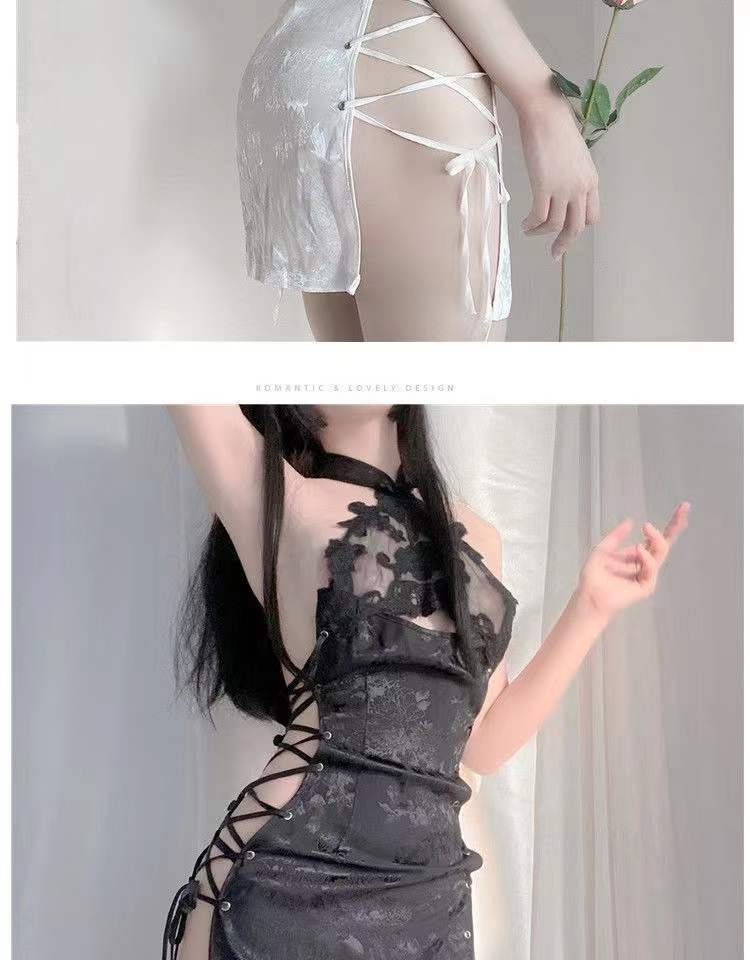 Sexy Cheongsam-Style Lingerie Set, Backless Slit Tie-Up Design, White Lace One-Piece with Thong — detail image 9