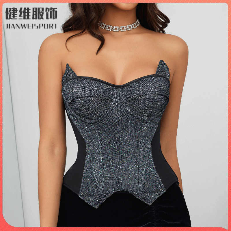 Sweet and Cool Girl Dark Style Rhinestone Cat Ear Fishbone Corset Strapless Waist-Cinching Slimming Hot Girl Outerwear Shapewear Top Sweet and Cool Girl Dark Style Rhinestone Cat Ear Fishbone Corset Strapless Waist-Cinching Slimming Hot Girl Outerwear Shapewear Top