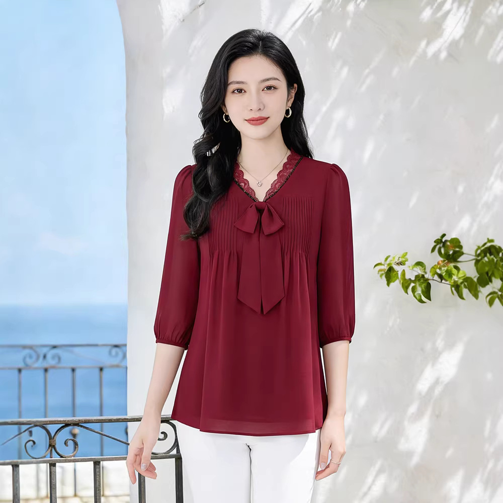 2026 Summer Fashion Mid-Sleeve Tie-Bow Bow Flowy Versatile Chiffon Blouse for Middle-Aged Plus-Size Mothers (240 lbs)