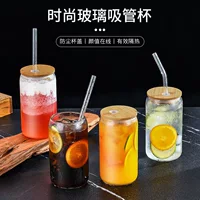 Горячая продажа Amazon с высоким содержанием боросиликатной чашки колы 16OZ термостойкий стеклянный стакан бамбуковая крышка стеклянная соломка для холодного напитка стакан сока