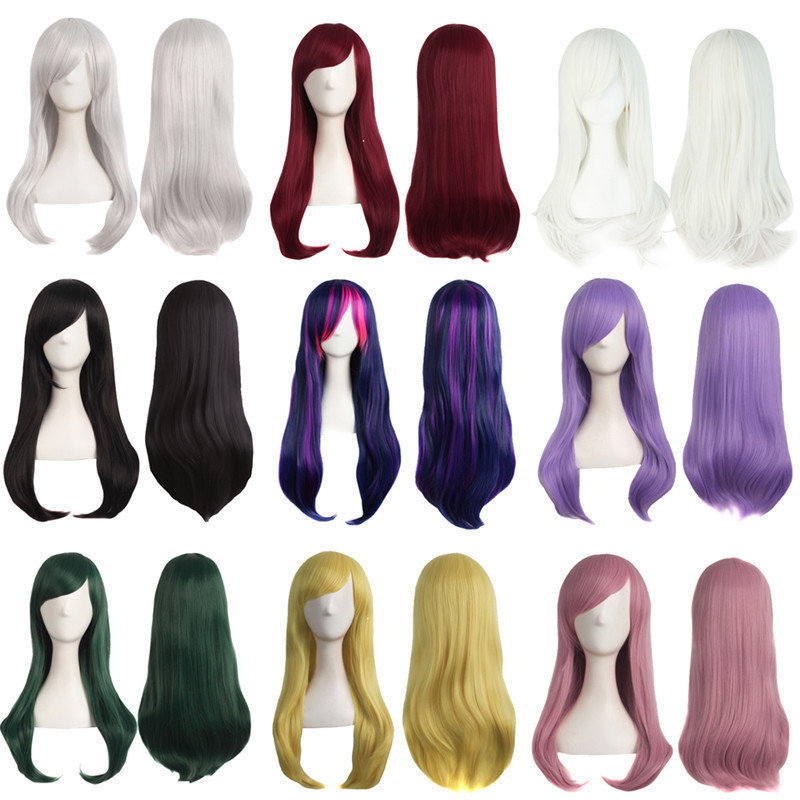 Universal 60cm Wig for Women with Long Straight Hair, Slightly Curly Oblique Bangs, Natural Face-Shaping Harajuku Multi-Color Wig for Women, Realistic Hair Cover