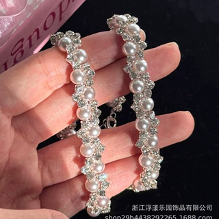 重工法式编织爆闪镶钻双层曼塔玫瑰色铂金灰珍珠手链轻奢高级感女
