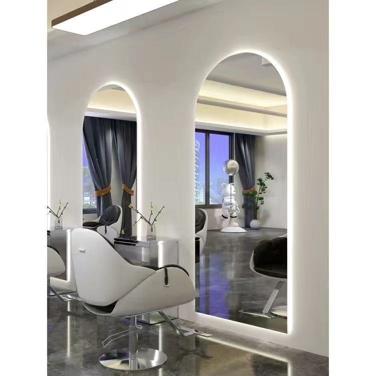 Barbería espejo salón especial barbería escaldar y teñir espejo con lámpara LED elíptica pared colgante suelo espejo de corte de pelo de lujo ligero