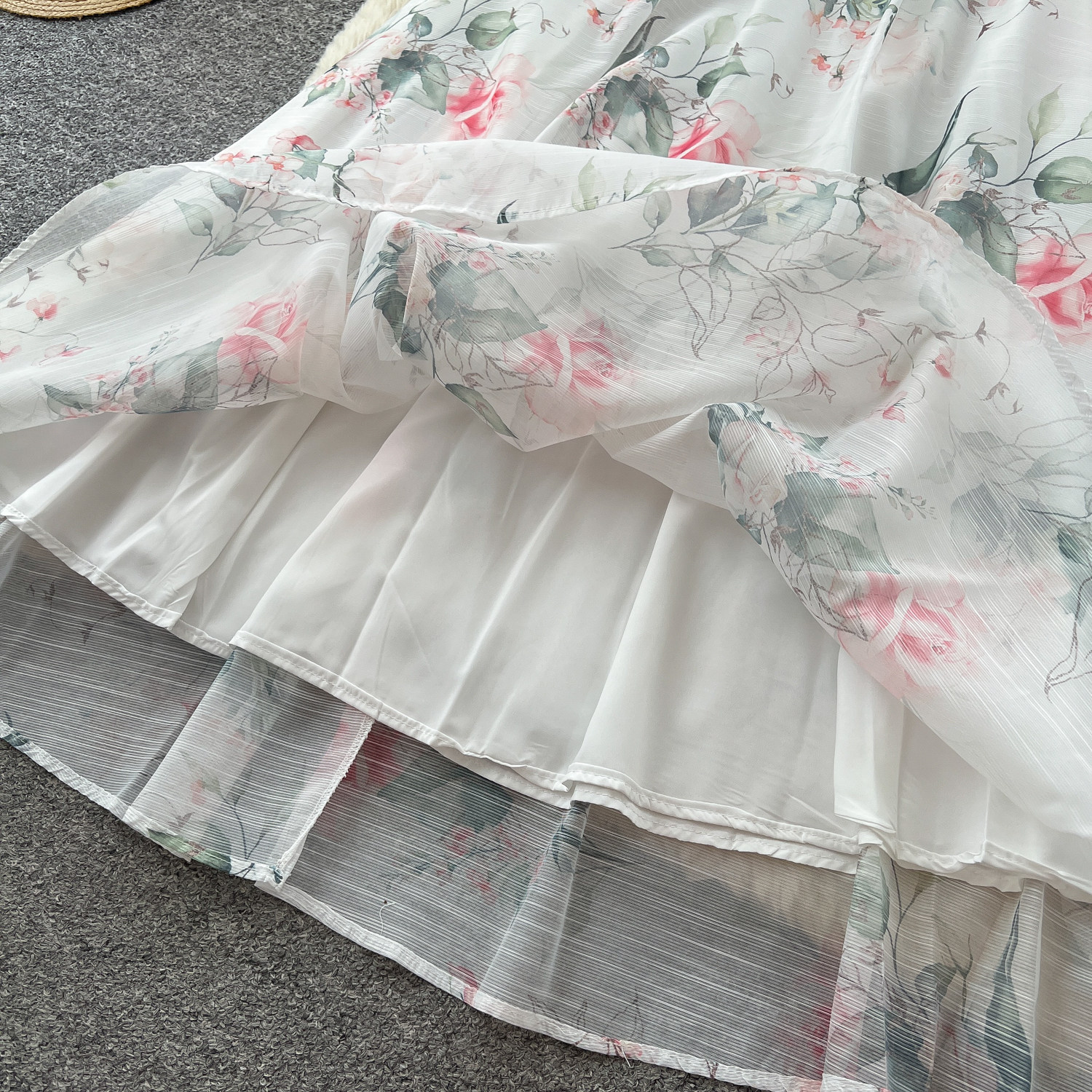 Women's French Romantic Floral Print Dress Summer Korean Style V Neck Tie Up Short Sleeve Waist Cinching A Line Long Skirt Elegant_ecoleips.com