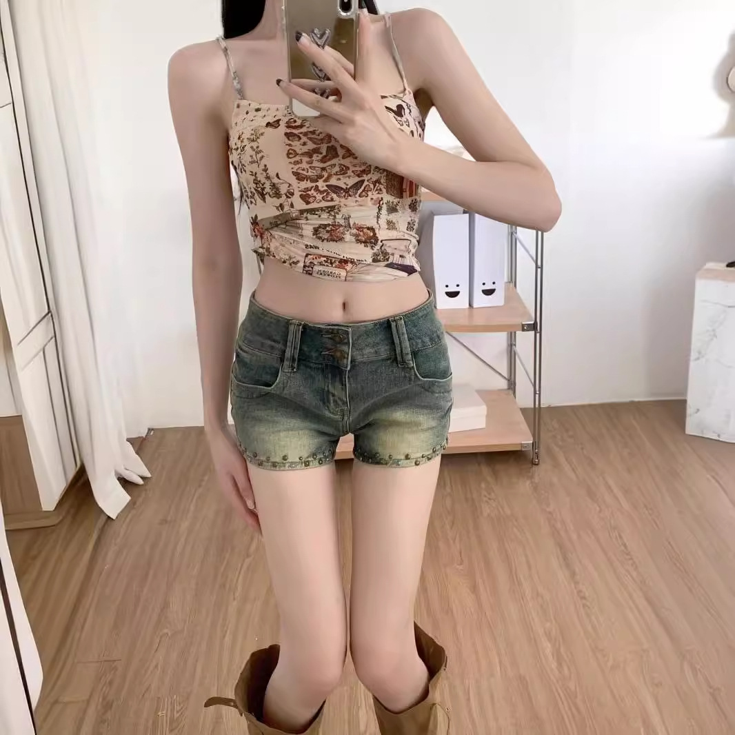 Retro Blue Rivet Denim Shorts for Women in Summer Petite Sexy Casual Hot Pants Low Waist Slim Straight Pants