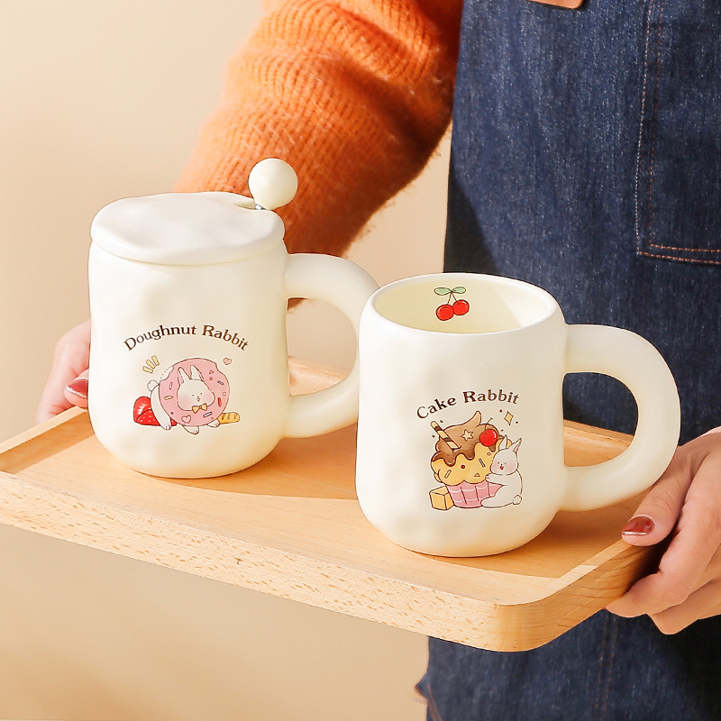 Creativo lindo conejo leche huhu Taza de cerámica personalizada dibujos animados gran mango taza café con tapa cuchara beber