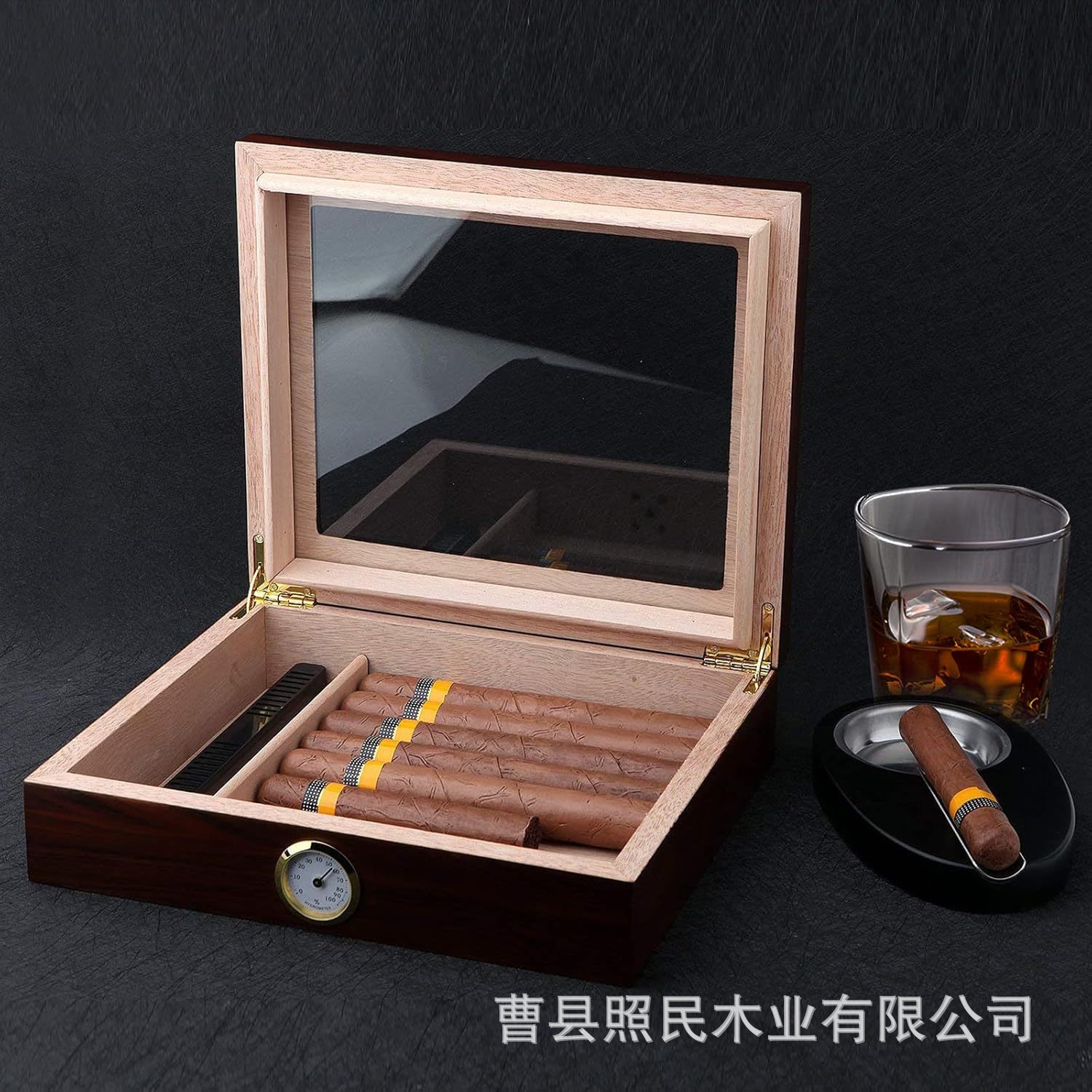 Solid Wood Cigar Box Transparent Lid Cigar Storage Box with Glass Display Box Constant Temperature Moisturizing Flip-Top Storage Wooden Box