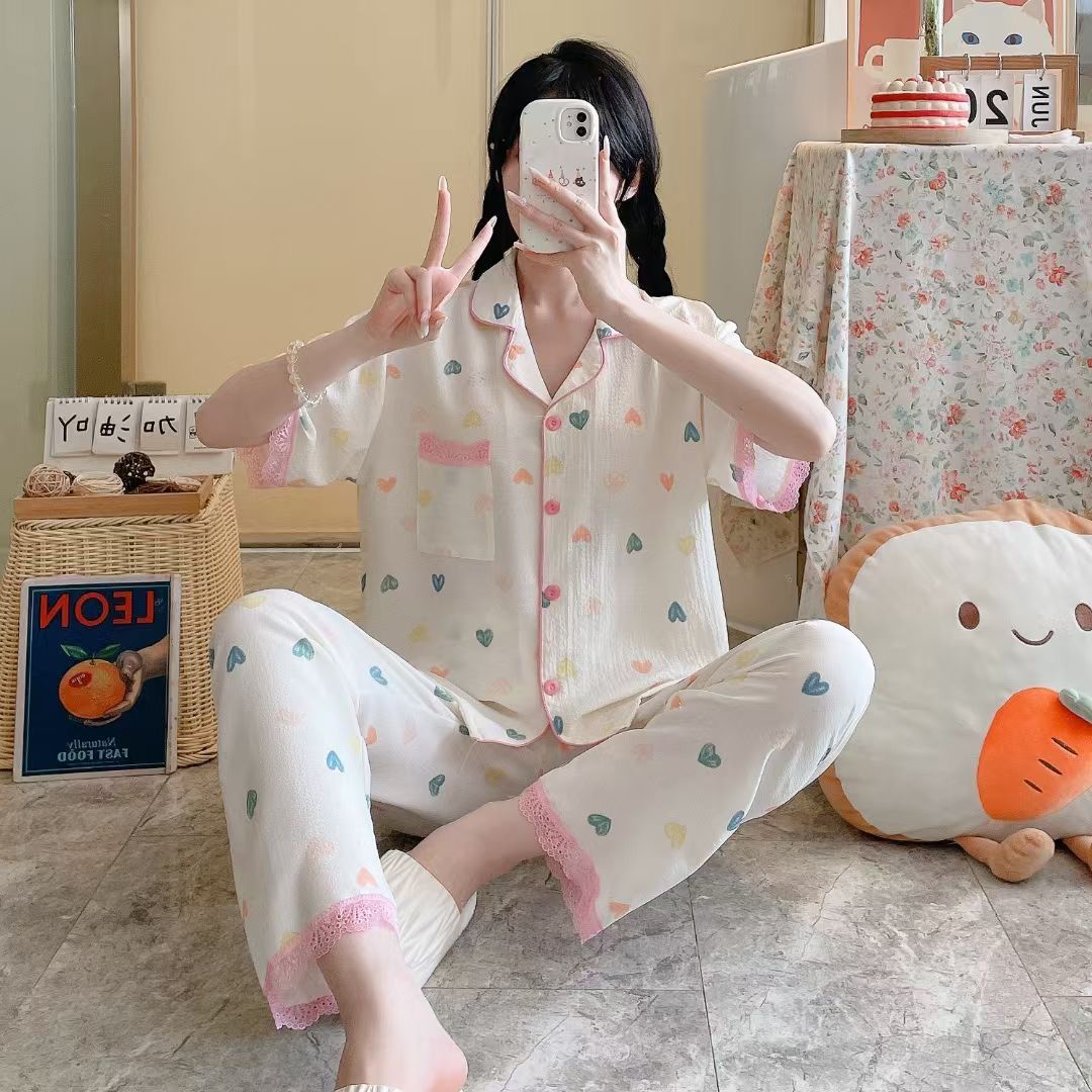 Pijamas de algodón burbuja al por mayor transfronterizos pantalones de manga corta de verano para mujer Cárdigan dulce japonés con traje de ropa para el hogar de encaje