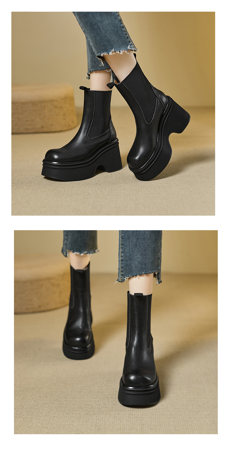 Boot Chelsea nữ da bò mũi tròn đế nêm siêu cao gót cổ ngắn mùa thu đông — Lớp lót nhung đen, đen, Lớp lót nhung màu nâu, nâu chi tiết 9