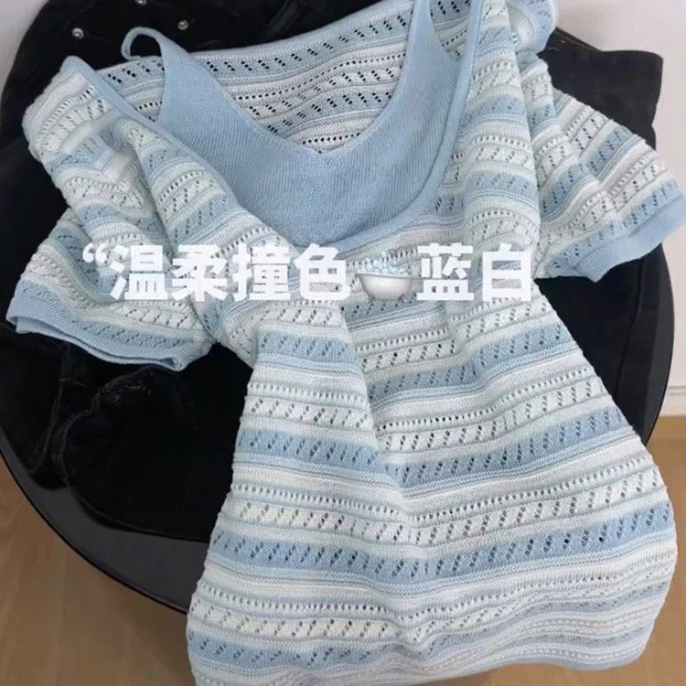 Sea Salt Story~ Gentle Style Color-Blocking Faux Two-Piece Knit Top for Women, Summer Hollow-Out Short-Sleeve Plus-Size Top Sea Salt Story~ Gentle Style Color-Blocking Faux Two-Piece Knit Top for Women, Summer Hollow-Out Short-Sleeve Plus-Size Top
