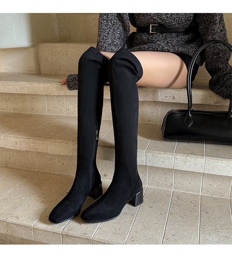 Boot nữ cổ cao ôm chân co giãn da lộn gót cao 9 cm — đen, mơ chi tiết 17
