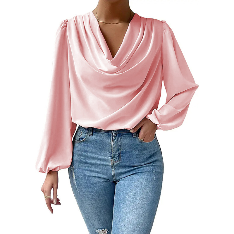 long-sleeved loose draped v-neck solid color chiffon top NSMVS139816