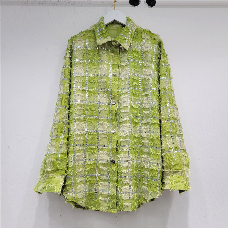 Chessboard plaid shirt with diamond Women's European station 2024 early spring new heavy industry Chanel style shirt top coat