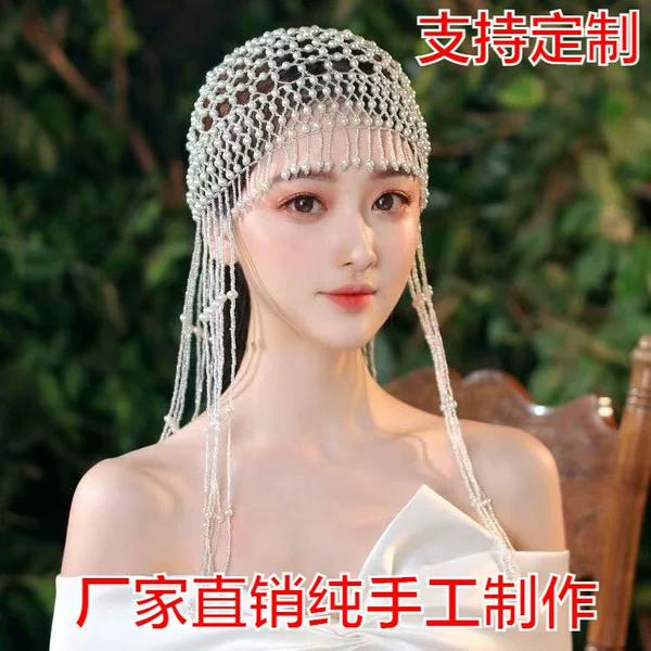 Tassel Pearl Hat Beaded Headwear Tassel Hat Tassel Hat silver Hat Headwear Photo Studio Photo Portrait Accessories