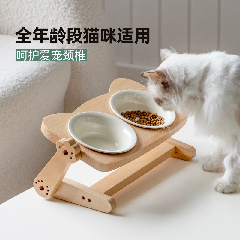 Cadena de gato de madera de haya, tazón de cerámica para gatos, tazón de comida para gatos, tazón de agua para proteger la columna cervical, tazón de comida para gatos y perros, tazón para mascotas