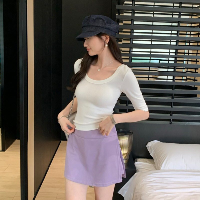 简约纯色七分袖u领T恤女2025夏季气质修身显瘦软糯收腰紧身上衣女|undefined