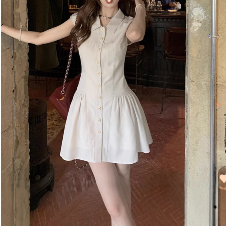 Temperament Korean Style Student Polo Collar dress American Style Hot Girl Slim-fit Slimming Skirt Women's Summer Sleeveless Shirt Skirt