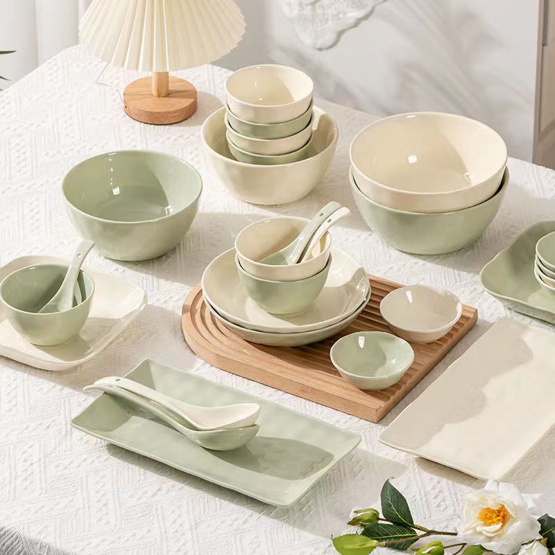 Light Luxury Ins Cream Style Pure Color Ceramic Home Housewarming Reunion Dishes Bowls and Plates High-Value Tableware Set