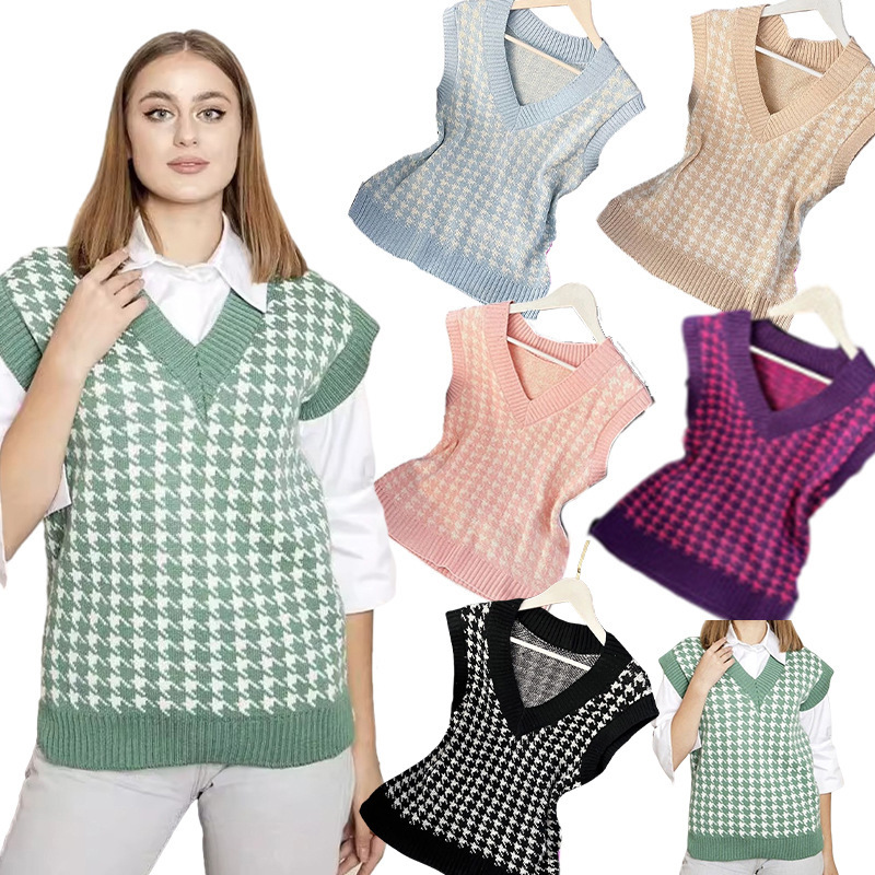 European and American Cross-Border Foreign Trade Vest Sweater Women's Knitted Pullover V Neck Sleeveless Top Bottoming Loose Version Wholesale