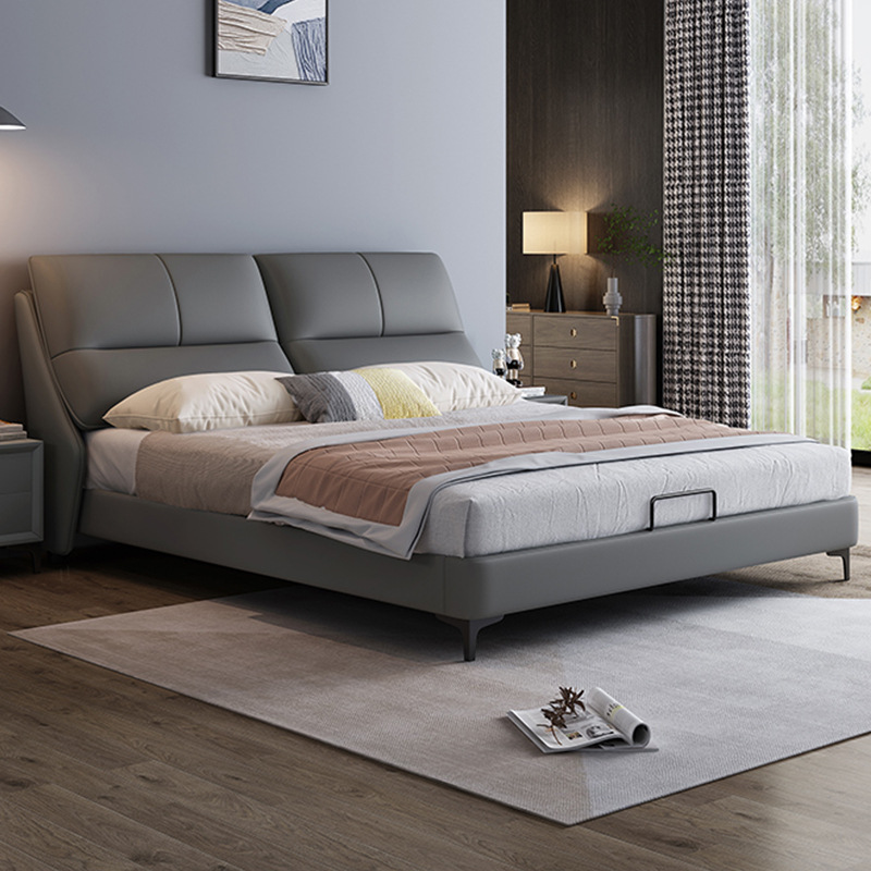 Leather bed Italian minimalist solid wood double bed 1.8m master bed, modern simple soft package wedding bed