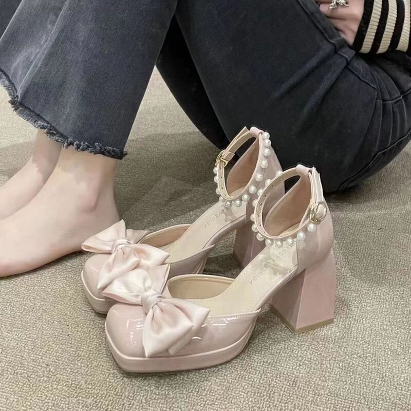 Mary Jane Shoes 2026 Summer New Fashion Fairy Style Bow High Heels Thick Heel French Retro Mary Jane Shoes