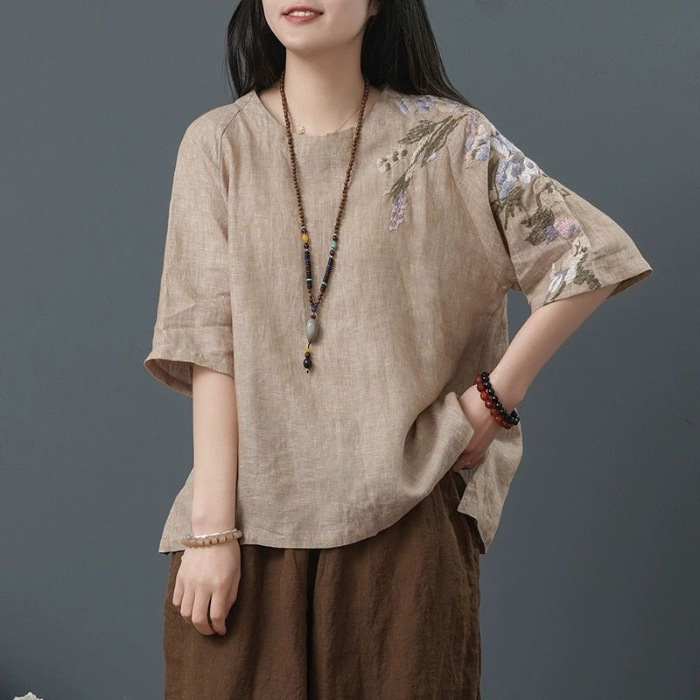 綿とリネンのトップス女性の薄い夏のエスニックスタイル刺繍大きいサイズルーズ文学レトロ中国スーツ女性の Tシャツ|undefined