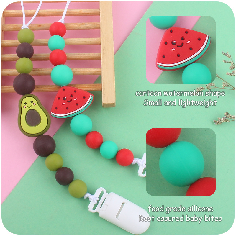 Suministros para bebés de dibujos animados fruta chupete cadena calmante bebé de silicona sandía mordedura molar anti-gota cadena Nuevo