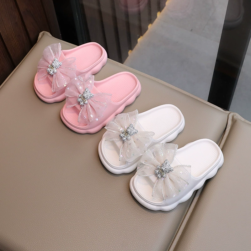 Summer children's slide, non-slip cute slippers, beach footwear with bow for princess, soft sole, with little bears