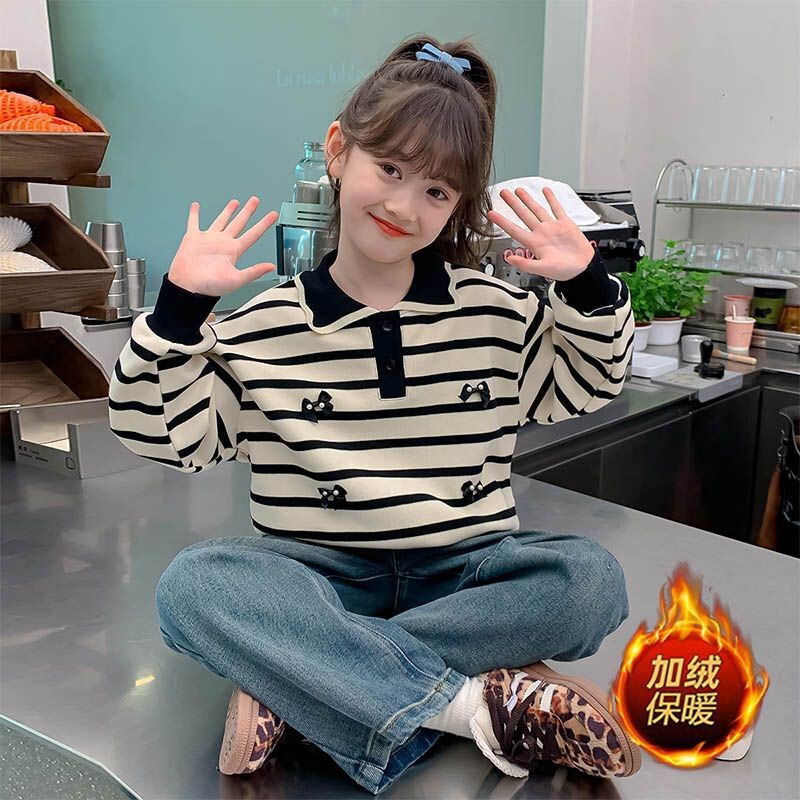 Girls' New Autumn Sweatshirt with Fleece, Children's Striped Turn-Down Collar, Stylish Casual Top, Spring and Autumn Warm Top for Girls Girls' New Autumn Sweatshirt with Fleece, Children's Striped Turn-Down Collar, Stylish Casual Top, Spring and Autumn Warm Top for Girls
