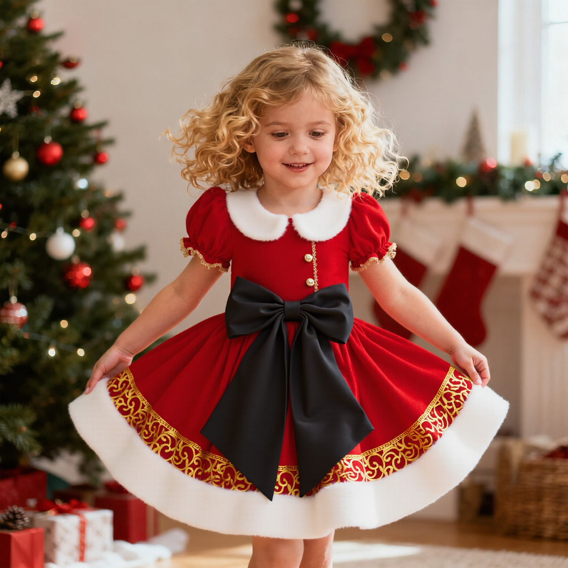 Navidad nuevo regalo de niñas encaje princesa cascada arco vestido infantil vestido de Navidad