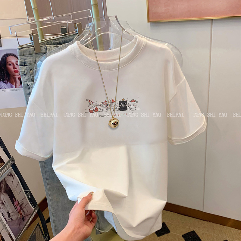 White Cartoon Cat Short-sleeved T-shirt Women's 2025 New Summer Age-reducing Design Sense Niche Pure Cotton Western Style Top