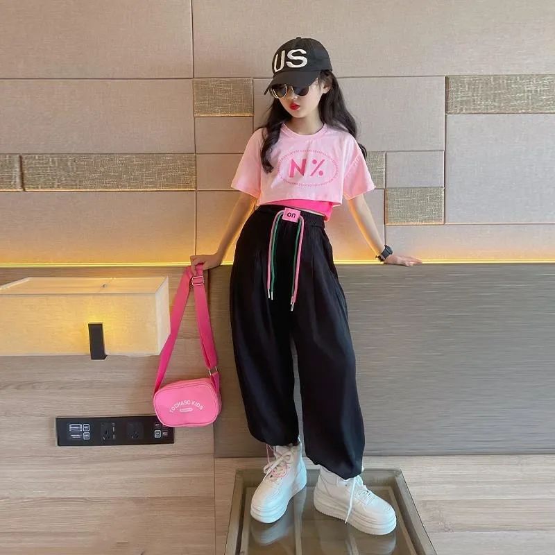 [Cotton Stretch Top + Cool Silk Pants] New Summer Set for Girls - Stylish Street Dance Three-Piece Set