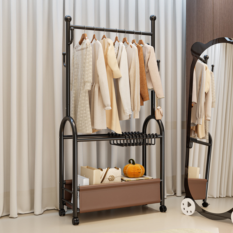 Chinese Style Floor-Standing Coat Rack Bedroom Living Room Metal Double-Layer Storage Clothes Rack with Wheels Mobile Clothes Drying Rack Pants