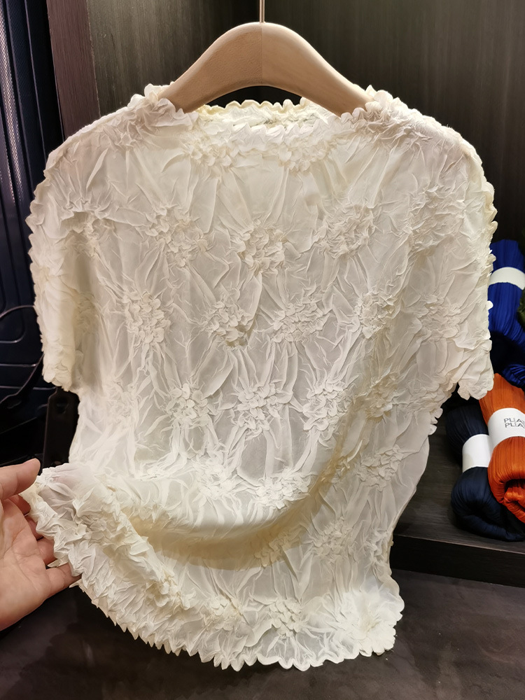 Áo thun nữ tay ngắn cổ tròn chất liệu cotton dập nổi hoa văn nổi cao cấp — Màu đen, Màu đào, Màu trắng, Màu xám