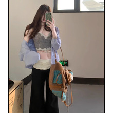设计感芭蕾风花边拼接黑色裤子女夏季2025新款甜辣妹微喇叭拖地裤
