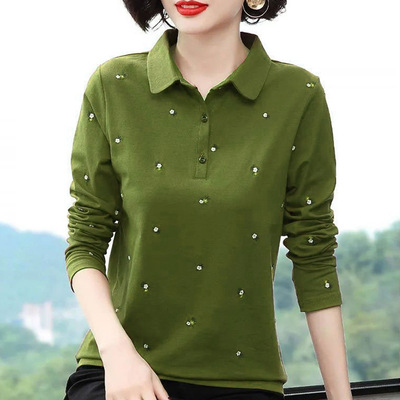 Cross border Spring new pattern POLO Long sleeve T-shirt Easy Large Mom outfit T-shirt Show thin jacket Base coat