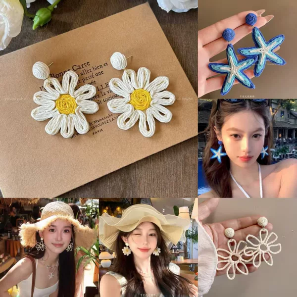 Vacation-style hand-woven floral earrings for women, exaggerated large design, seaside atmosphere earrings, new spring/summer 2026 collection
