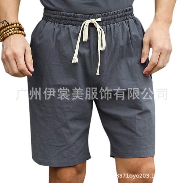 2023 AliExpress wish men's summer cotton linen drawstring solid color knee length casual shorts for foreign trade