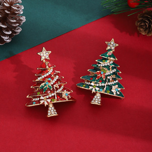 European and American Christmas Enamel Diamond-encrusted Christmas Tree Brooch Cross-border Autumn and Winter Light Luxury Advanced Hair Electroplated Clothes Pin