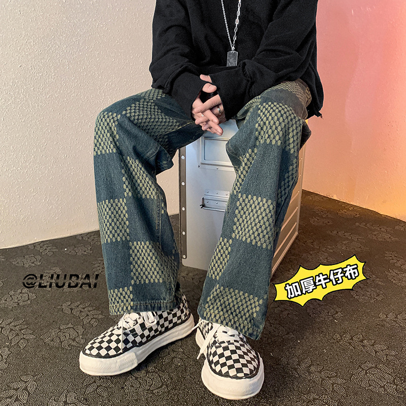 Jeans Men's Autumn and Winter Thickened Loose Straight Leg Wide Leg Beggar Pants Winter ins Tide Brand High Street Daddy Pants