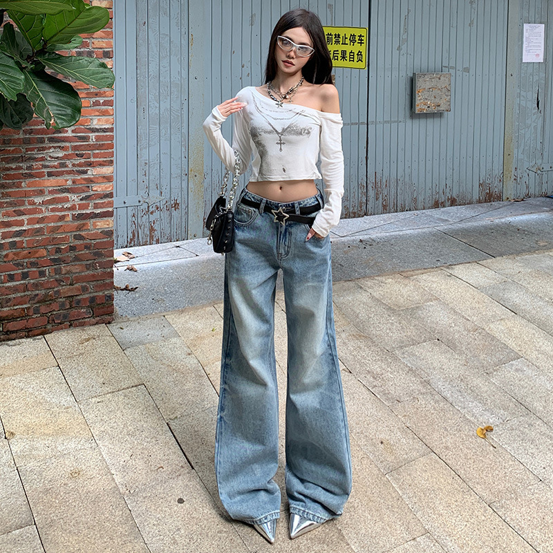 美式阔腿牛仔裤女2025年秋季新款高腰直筒宽松垂感显瘦百搭拖地裤|undefined
