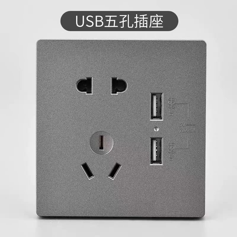 International Electrician Wall Switch Socket Panel Gray Frosted Concealed Household Type 86 Five-hole Large Panel with USB