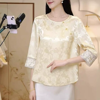 2026春夏新款刺绣提花减龄温柔衬衫女装新中式国风七分袖圆领上衣