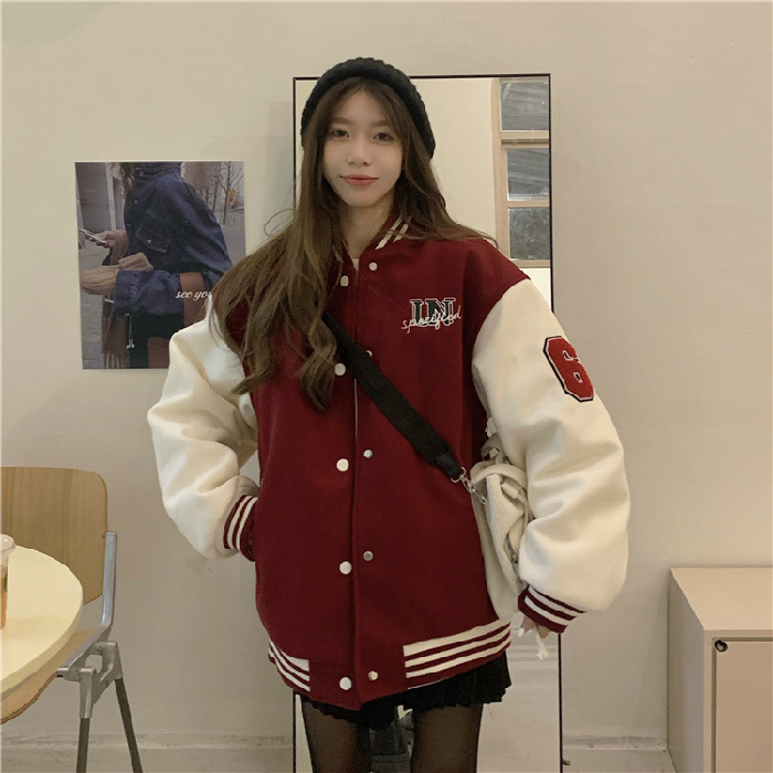 拼色棒球服外套女秋冬新款美式复古加厚BF风宽松夹克上衣百搭开衫|undefined