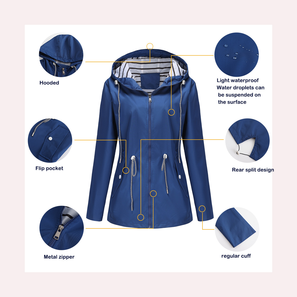 új hosszú ujjú, fröccsenésálló, hosszú széldzseki, női kapucnis, csíkos esőkabát, keresztpántos, plus size női ruházat_voghion.com