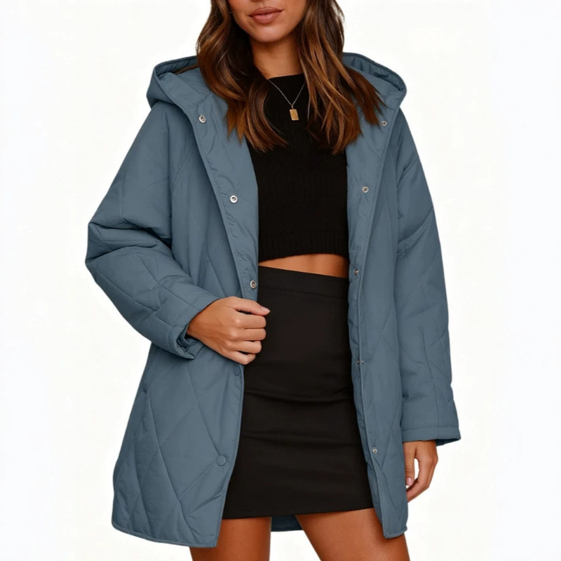2026 European and American Autumn/Winter New Hooded Diamond Quilted Jacket for Women, Loose Mid-Length Casual Coat, Solid Color Cotton Coat 2026 European and American Autumn/Winter New Hooded Diamond Quilted Jacket for Women, Loose Mid-Length Casual Coat, Solid Color Cotton Coat