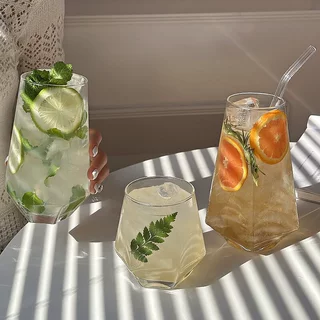 ins风菱角玻璃杯网红餐厅水果茶杯苏打气泡水杯冷饮料杯喝水杯子