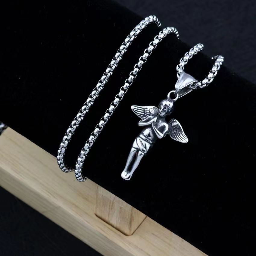 New Prayer Angel Pendant Street Hip Hop Men and Women Titanium Steel Fashion Necklace_voghion.com