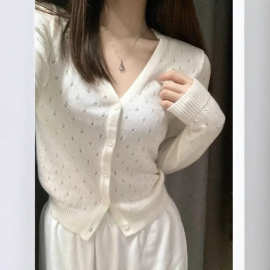 BM风 新款宋妍霏V领长袖镂空针织衫辣妹防晒开衫薄款空调罩衫女潮