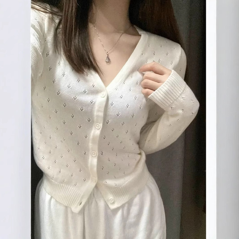 Bm Style New Song Yanfei V Neck Long-Sleeved Cut Out Knitwear Sexy Sun Protection Cardigan Thin Air-Conditioned Blouse for Women Trendy